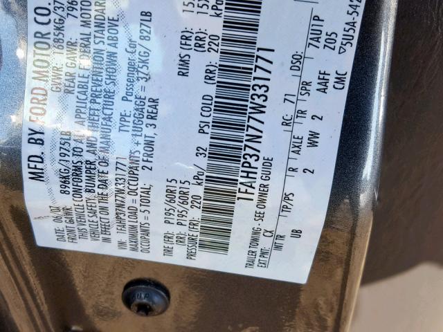 1FAHP37N77W331771 - 2007 FORD FOCUS ZX5 GRAY photo 10