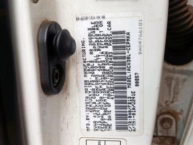 4T1BE32K02U018483 - 2002 TOYOTA CAMRY LE WHITE photo 10