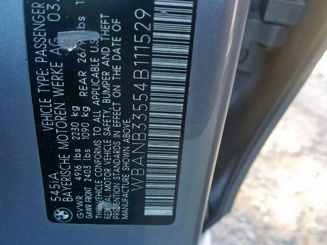 WBANB33554B111529 - 2004 BMW 545 I GRAY photo 10