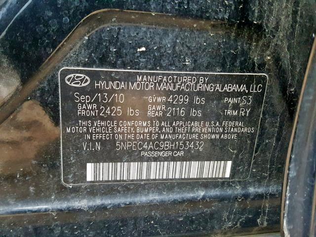 5NPEC4AC9BH153432 - 2011 HYUNDAI SONATA SE BLACK photo 10