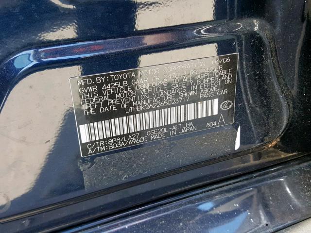 JTHBK262265023717 - 2006 LEXUS IS 250 BLUE photo 10