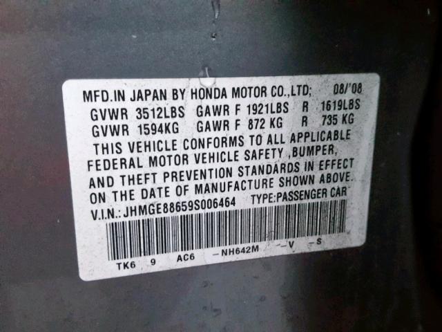 JHMGE88659S006464 - 2009 HONDA FIT SPORT GRAY photo 10