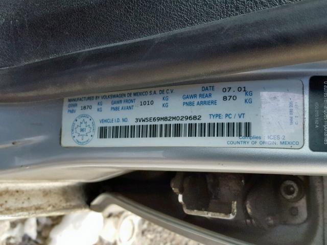 3VWSE69M82M029682 - 2002 VOLKSWAGEN JETTA GLS SILVER photo 10