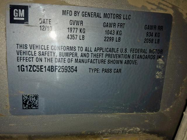 1G1ZC5E14BF259354 - 2011 CHEVROLET MALIBU 1LT ბეჟი ფოტო 10