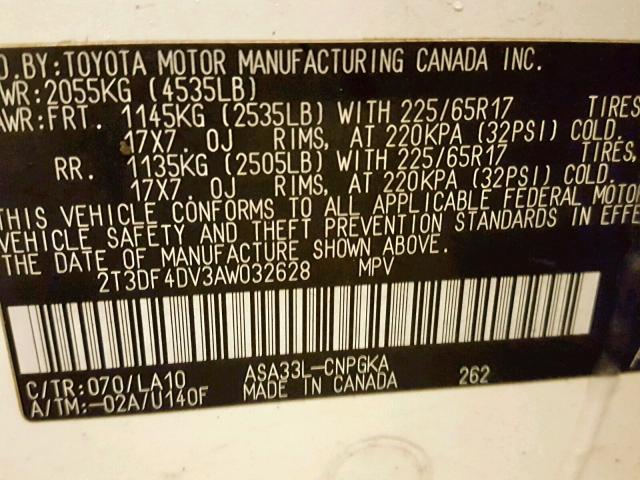 2T3DF4DV3AW032628 - 2010 TOYOTA RAV4 LIMIT 白色 照片 10