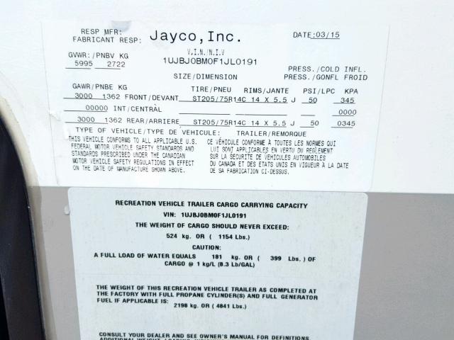 1UJBJ0BM0F1JL0191 - 2015 JAYC FEATHER WHITE photo 10