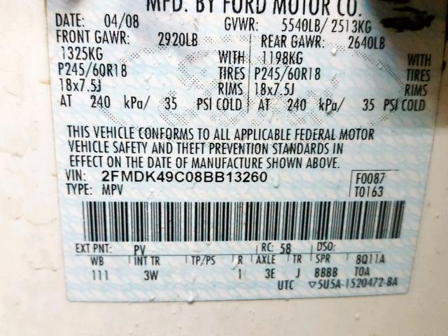 2FMDK49C08BB13260 - 2008 FORD EDGE LIMIT WHITE photo 10