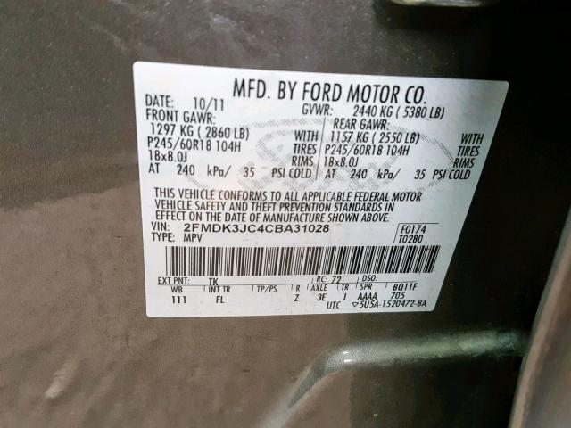 2FMDK3JC4CBA31028 - 2012 FORD EDGE SEL 金色 照片 10