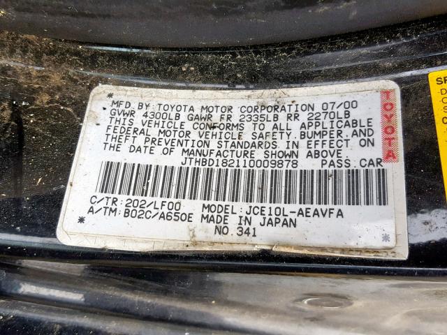 JTHBD182110009878 - 2001 LEXUS IS 300 BLACK photo 10