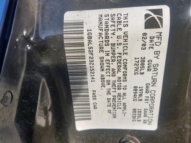 1G8AL52F23Z152141 - 2003 SATURN ION LEVEL BLUE photo 10