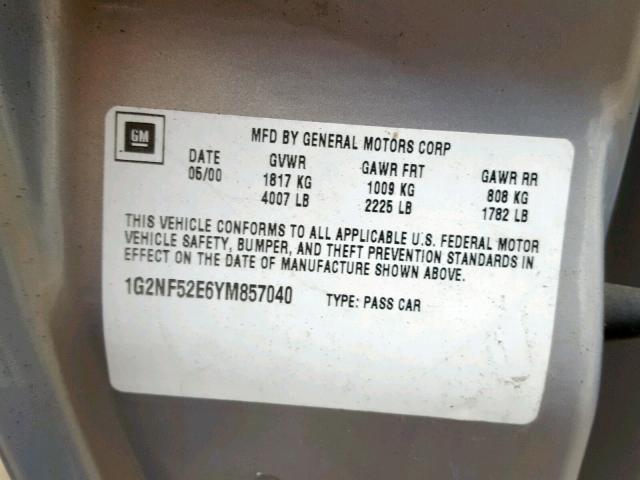 1G2NF52E6YM857040 - 2000 PONTIAC GRAND AM S ვერცხლისფერი ფოტო 10