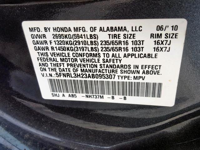 5FNRL3H23AB095307 - 2010 HONDA ODYSSEY LX GRAY photo 10