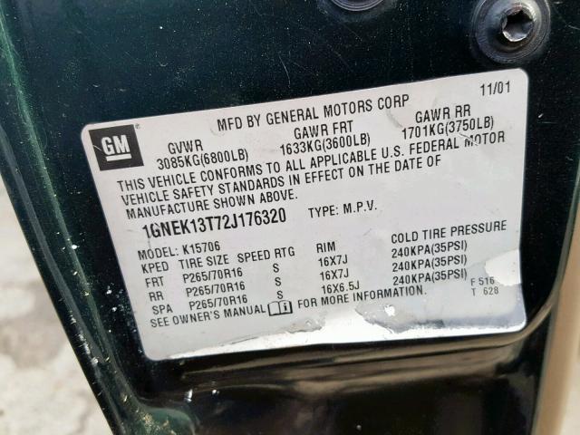 1GNEK13T72J176320 - 2002 CHEVROLET TAHOE K150 GREEN photo 10