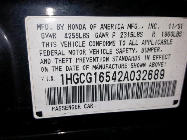 1HGCG16542A032689 - 2002 HONDA ACCORD EX BLACK photo 10