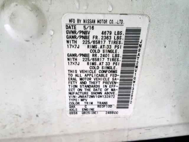 JN8AT2MV1GW132872 - 2016 NISSAN ROGUE S თეთრი ფოტო 10