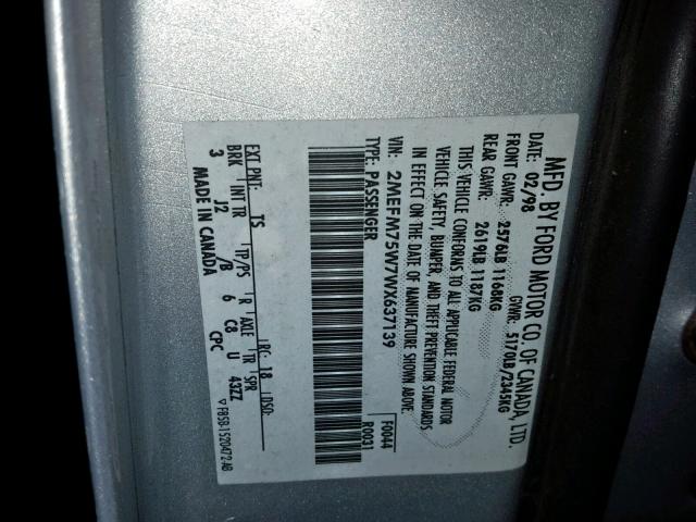 2MEFM75W7WX637139 - 1998 MERCURY GRAND MARQ 银色 照片 10