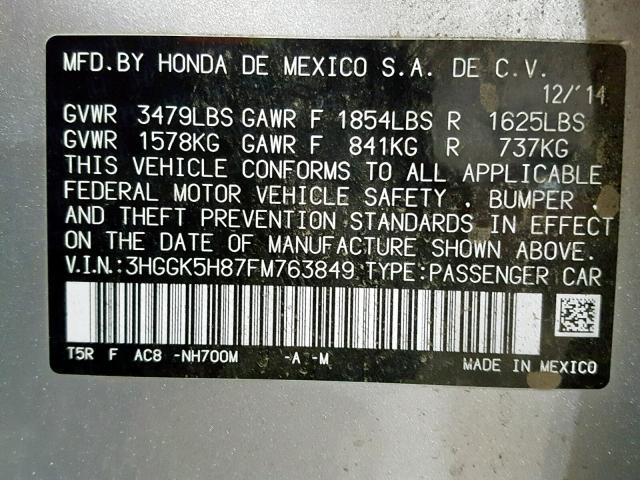 3HGGK5H87FM763849 - 2015 HONDA FIT EX 银色 照片 10