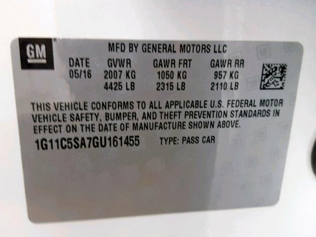 1G11C5SA7GU161455 - 2016 CHEVROLET MALIBU LIM თეთრი ფოტო 10