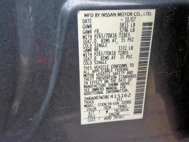 1N6AD07W38C415162 - 2008 NISSAN FRONTIER C GRAY photo 10