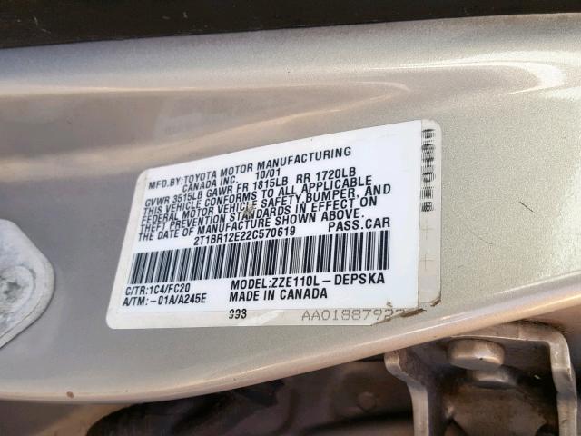 2T1BR12E22C570619 - 2002 TOYOTA COROLLA CE SILVER photo 10