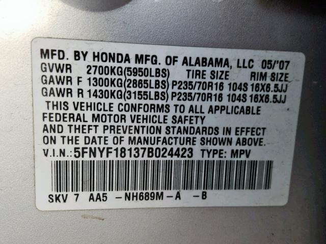 5FNYF18137B024423 - 2007 HONDA PILOT LX SILVER photo 10