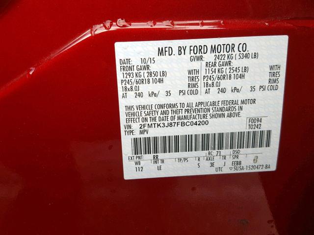 2FMTK3J87FBC04200 - 2015 FORD EDGE SEL RED photo 10