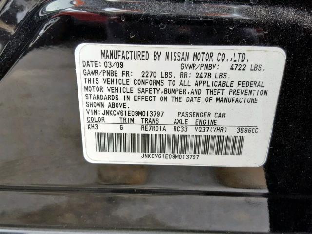 JNKCV61E09M013797 - 2009 INFINITI G37 BASE BLACK photo 10