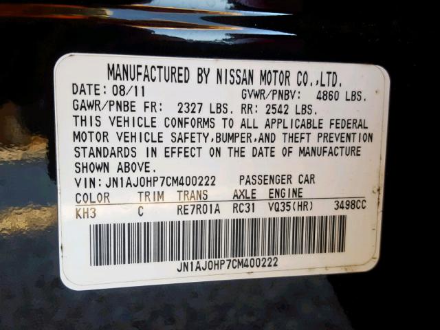 JN1AJ0HP7CM400222 - 2012 INFINITI EX35 BASE BLACK photo 10