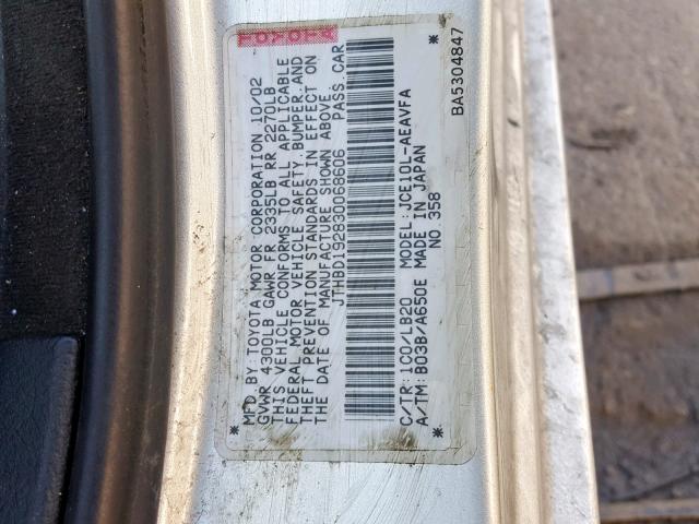 JTHBD192830068606 - 2003 LEXUS IS 300 SILVER photo 10