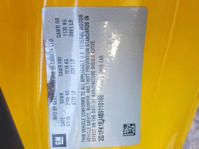 2G1FK1EJ4B9110188 - 2011 CHEVROLET CAMARO 2SS YELLOW photo 10