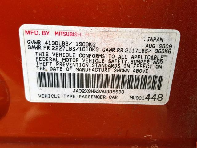 JA32X8HW2AU005530 - 2010 MITSUBISHI LANCER GTS ORANGE photo 10