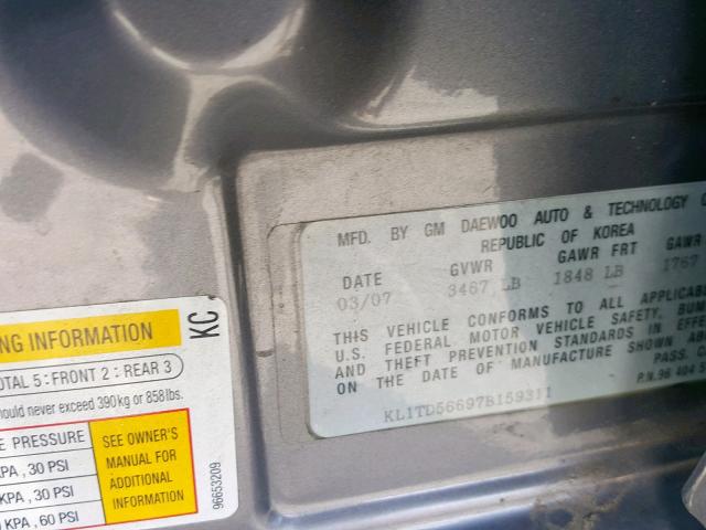 KL1TD56697B159311 - 2007 CHEVROLET AVEO BASE Grafit foto 10