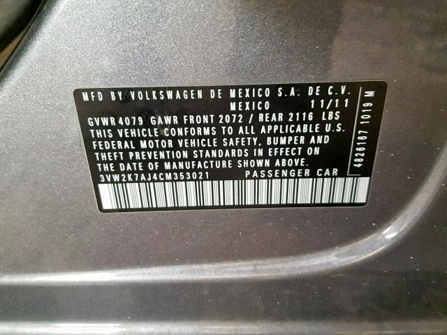 3VW2K7AJ4CM353021 - 2012 VOLKSWAGEN JETTA BASE GRAY photo 10