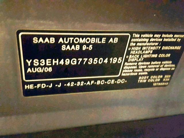 YS3EH49G773504195 - 2007 SAAB 9-5 AERO SILVER photo 10