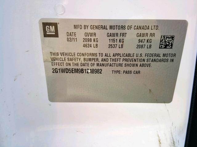 2G1WD5EM9B1248982 - 2011 CHEVROLET IMPALA POL WHITE photo 10