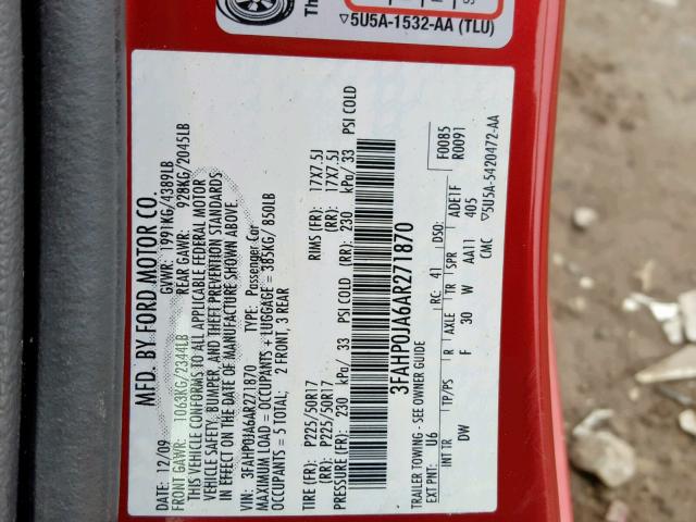 3FAHP0JA6AR271870 - 2010 FORD FUSION SEL RED photo 10
