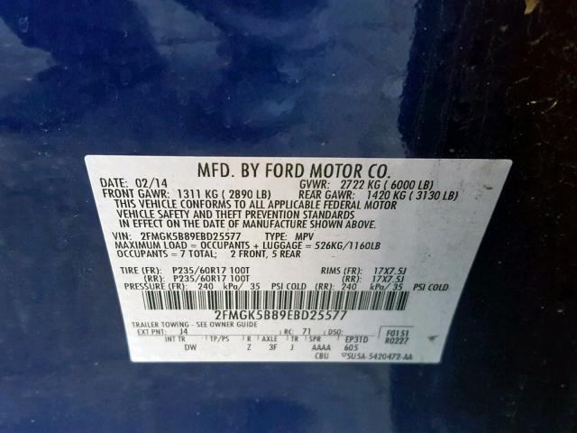 2FMGK5B89EBD25577 - 2014 FORD FLEX SE BLUE photo 10