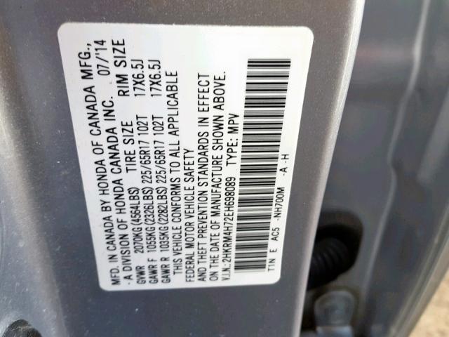 2HKRM4H72EH698089 - 2014 HONDA CR-V EXL SILVER photo 10