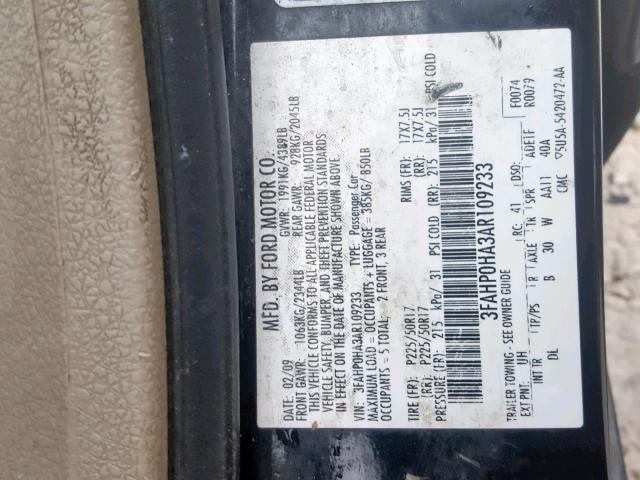 3FAHP0HA3AR109233 - 2010 FORD FUSION SE BLACK photo 10