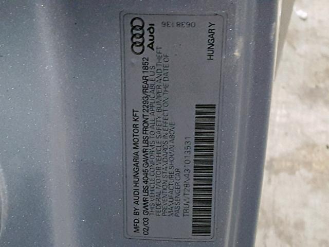 TRUWT28N431013531 - 2003 AUDI TT QUATTRO SILVER photo 10