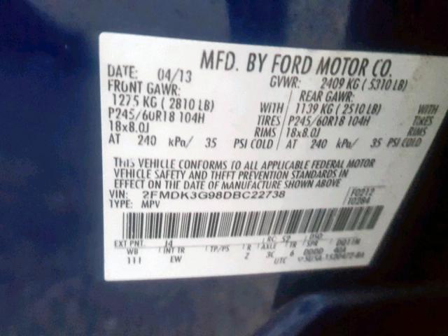 2FMDK3G98DBC22738 - 2013 FORD EDGE SE BLUE photo 10
