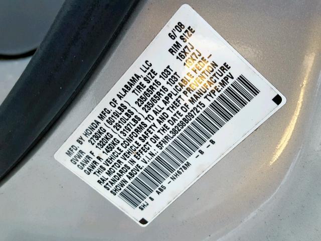 5FNRL38258B097215 - 2008 HONDA ODYSSEY LX GRAY photo 10