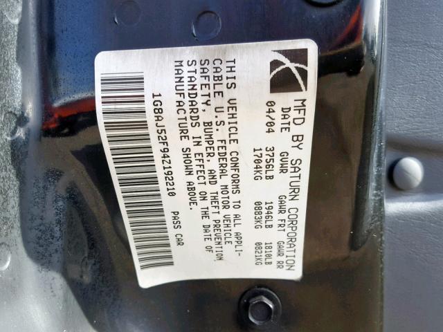 1G8AJ52F94Z192210 - 2004 SATURN ION LEVEL SILVER photo 10