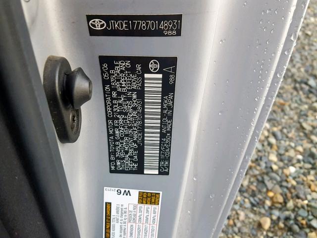 JTKDE177870148931 - 2007 TOYOTA SCION TC ვერცხლისფერი ფოტო 10