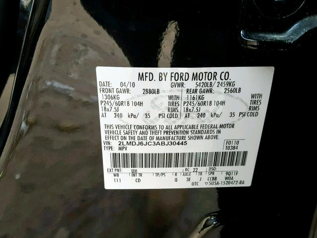 2LMDJ6JC3ABJ30445 - 2010 LINCOLN MKX BLACK photo 10