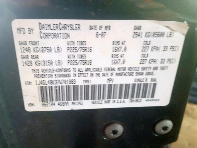 1J4GL48K97W701883 - 2007 JEEP LIBERTY SP 绿色 照片 10