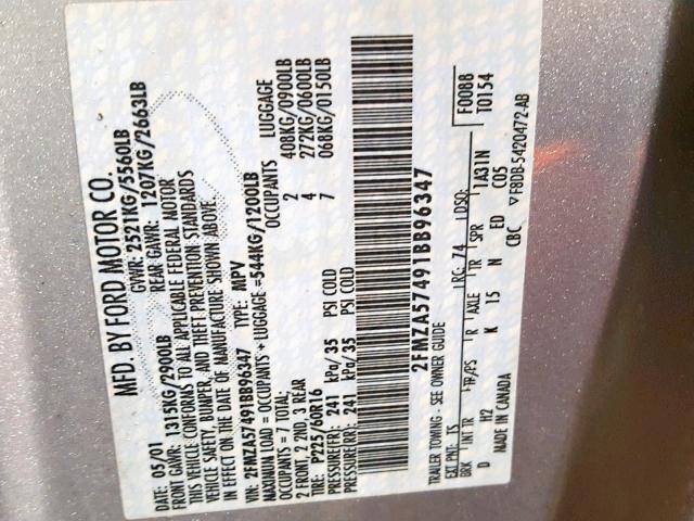 2FMZA57491BB96347 - 2001 FORD WINDSTAR S ვერცხლისფერი ფოტო 10