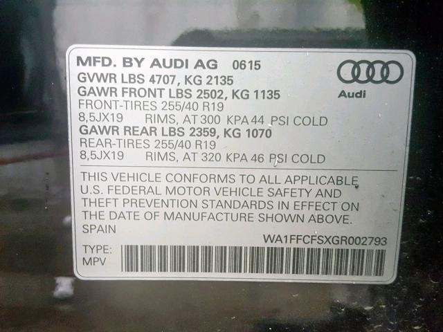 WA1FFCFSXGR002793 - 2016 AUDI Q3 PRESTIG BLACK photo 10