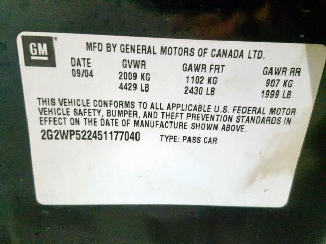 2G2WP522451177040 - 2005 PONTIAC GRAND PRIX BLACK photo 10