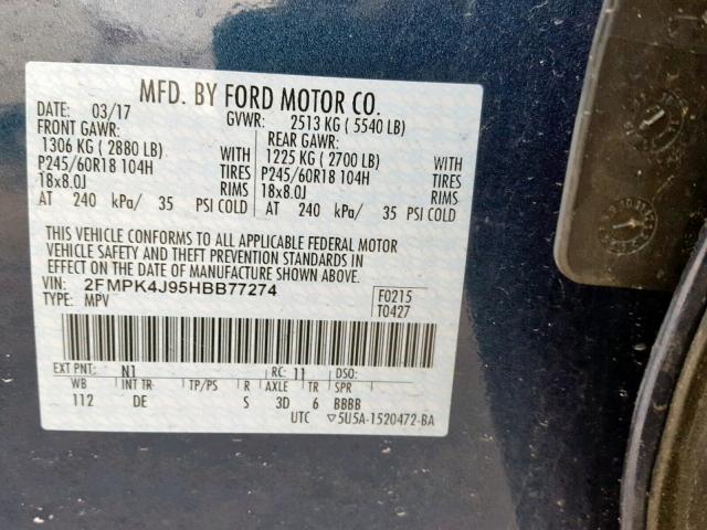 2FMPK4J95HBB77274 - 2017 FORD EDGE SEL BLUE photo 10